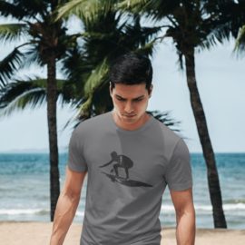 Men’s European Style Curved Hem Tee with Surfer Print- Grey